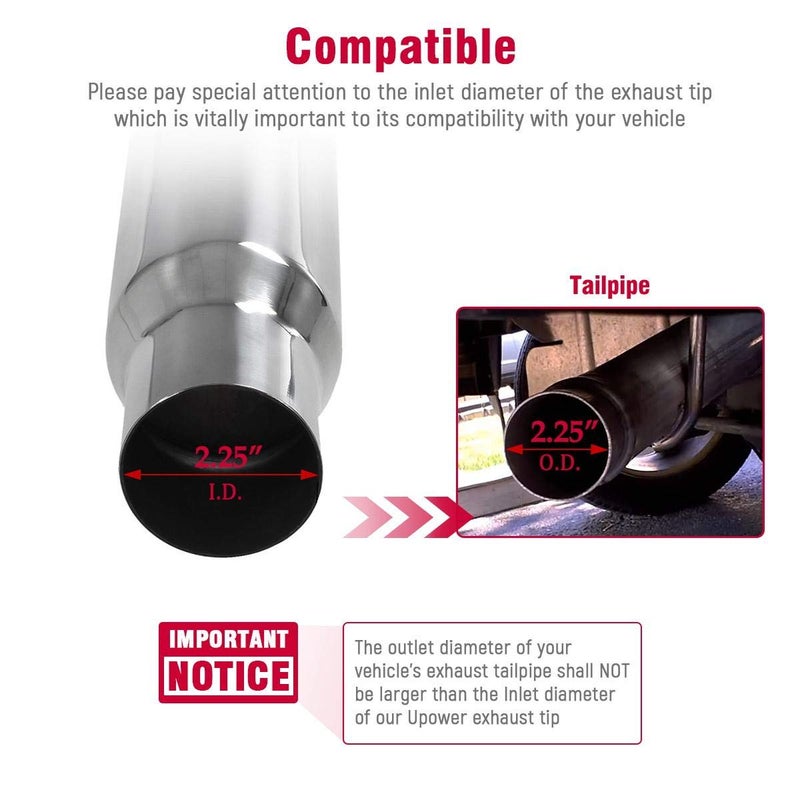 Upower Exhaust Tip 2.25" Inlet 3" Outlet 16" Long Weld On Tailpipe 2 1/4" to 3" for Car Trucks Universal 304 Polished Stainless Steel Angle Cut - Image 2